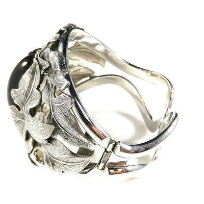 Vintage Whiting & Davis Hinged Cuff Bracelet, Red Glass Cabochon, Rhodium Plated, 1960s Vintage Jewelry