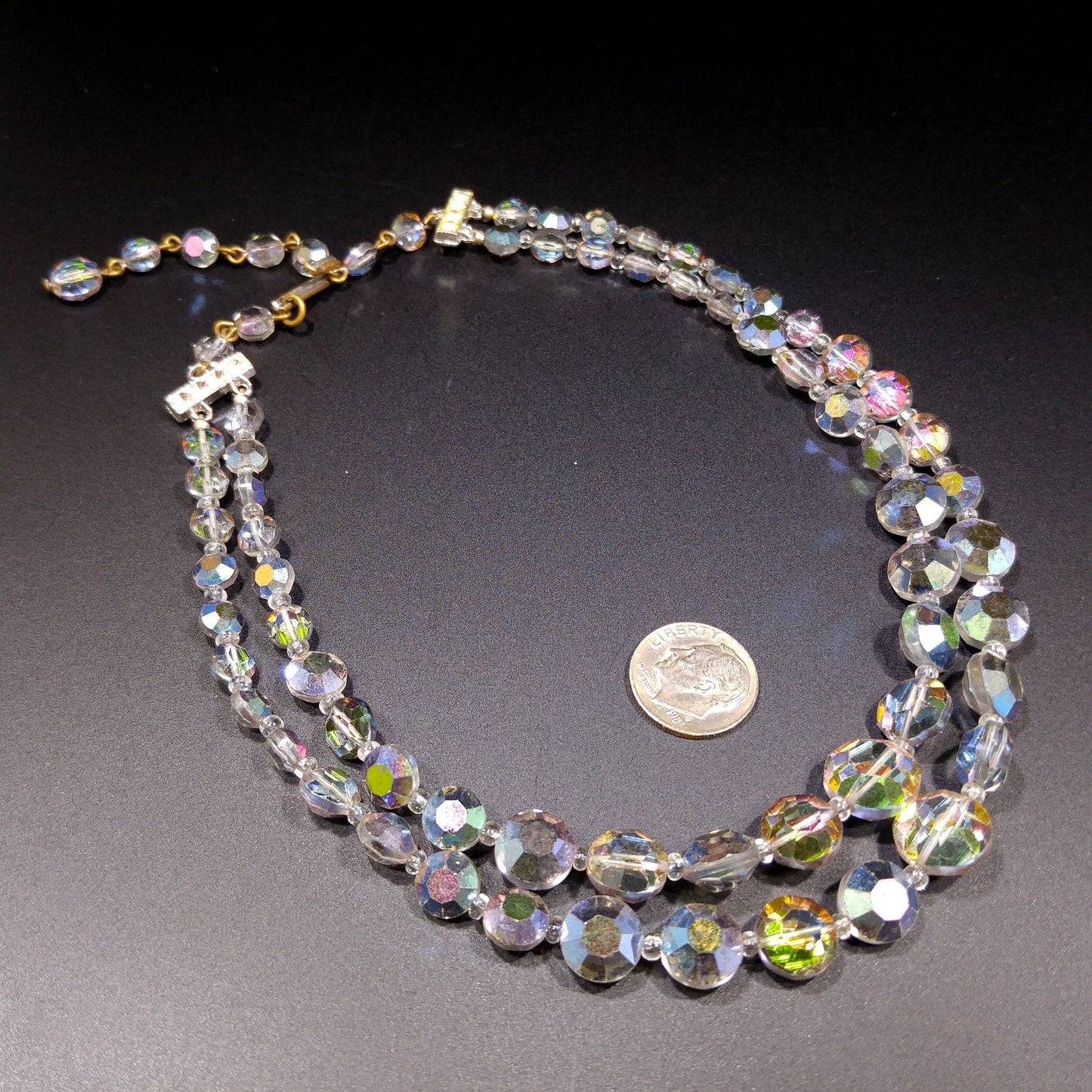Rare Aurora Borealis Aspirin Bead Necklace, 2 Strands, Swarovski Crystal Beads, 1950s Vintage Jewelry