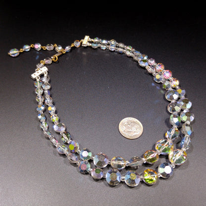 Rare Aurora Borealis Aspirin Bead Necklace, 2 Strands, Swarovski Crystal Beads, 1950s Vintage Jewelry