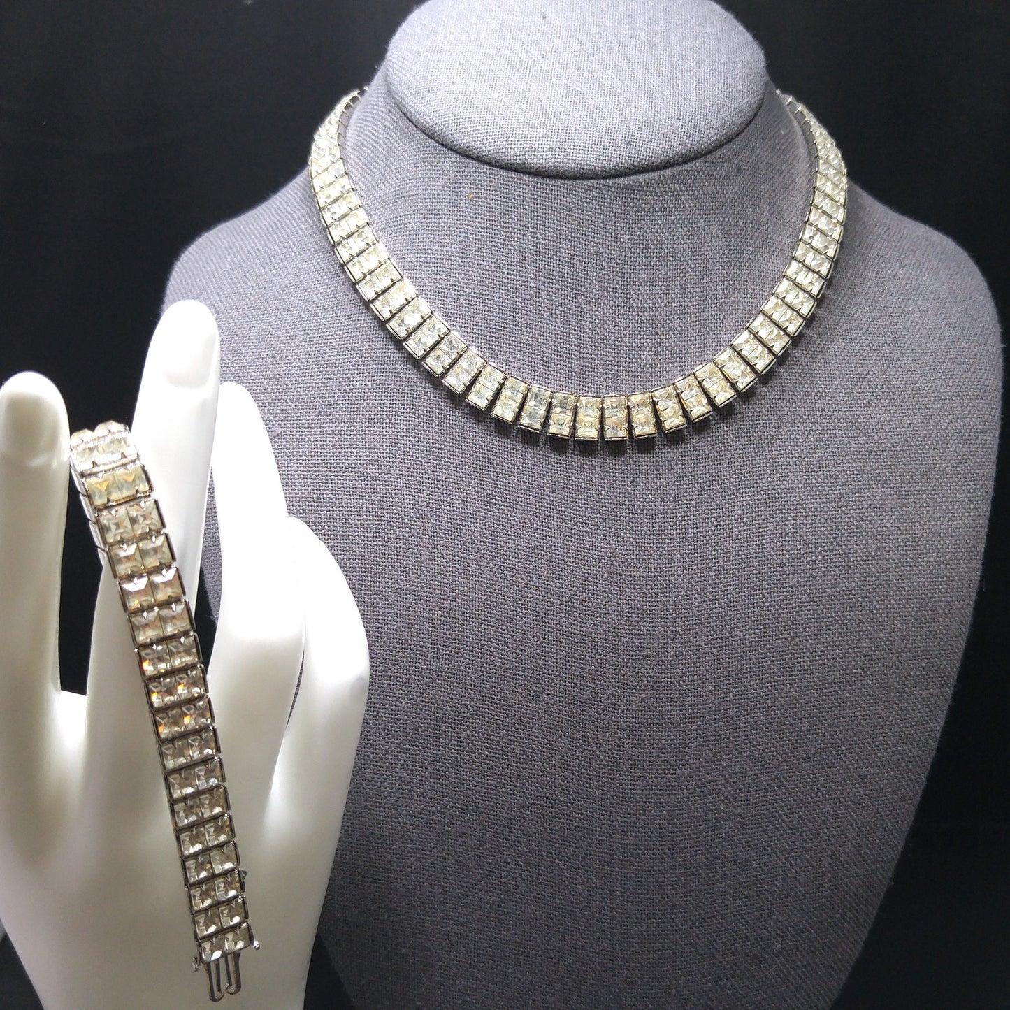 Art Deco Clear Rhinestone Choker Necklace Bracelet Set, Wedding Bridal, 1950s Vintage Jewelry