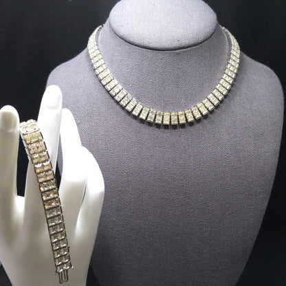 Art Deco Clear Rhinestone Choker Necklace Bracelet Set, Wedding Bridal, 1950s Vintage Jewelry