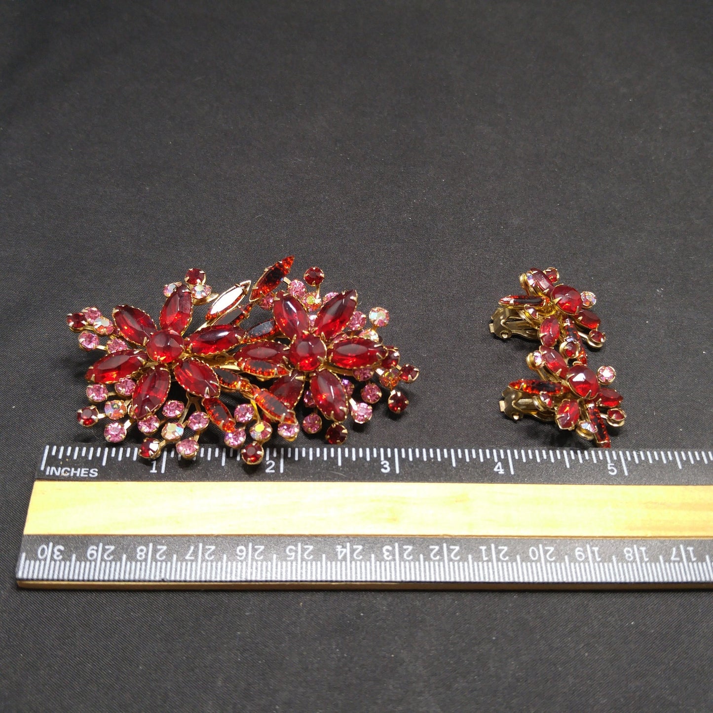 Red Floral Rhinestone Brooch Earrings Set, Aurora Borealis Pink, 1950s Vintage Jewelry