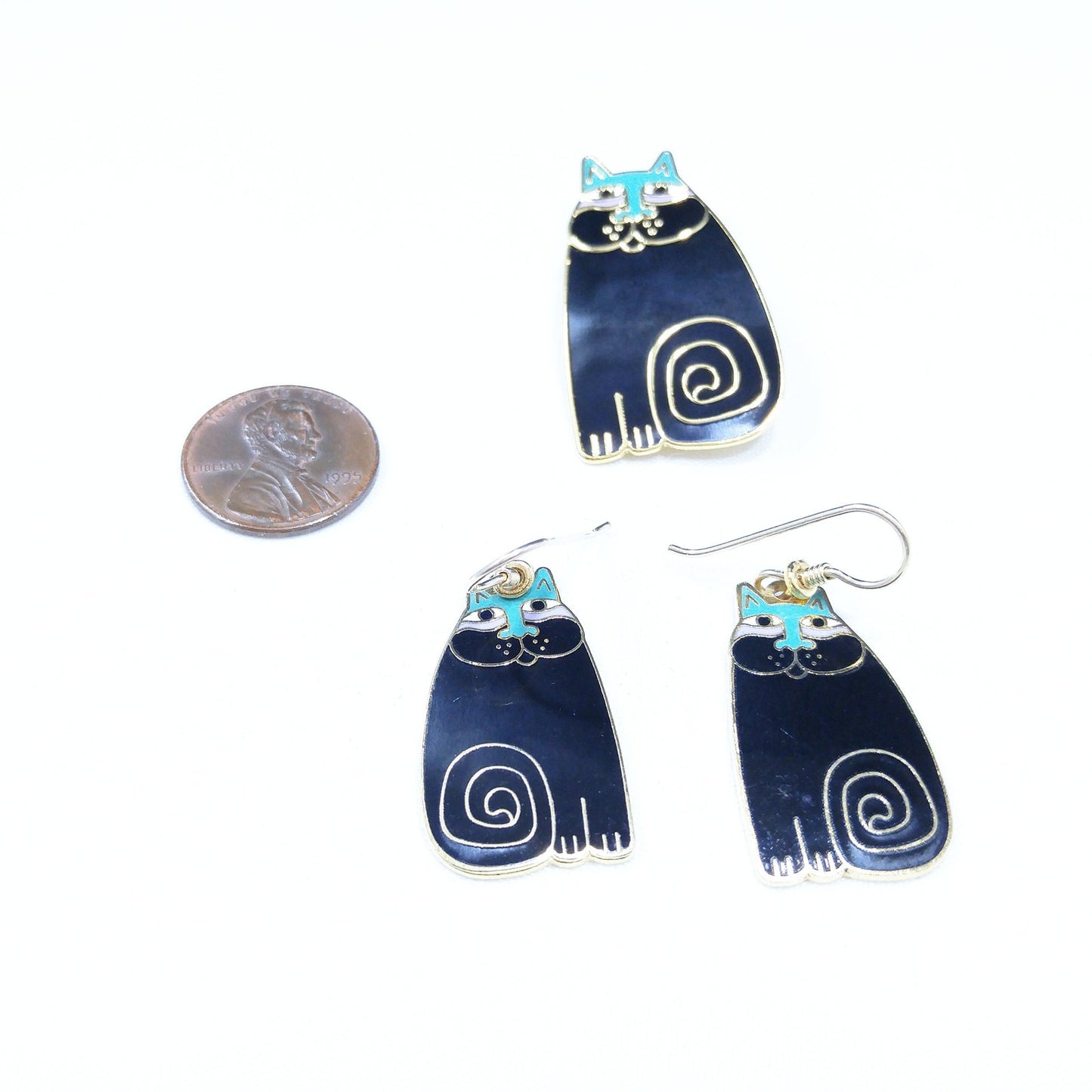 Laurel Burch "Olivia" Cat Earrings & Pendant Brooch Combo, 1980s Vintage Jewelry