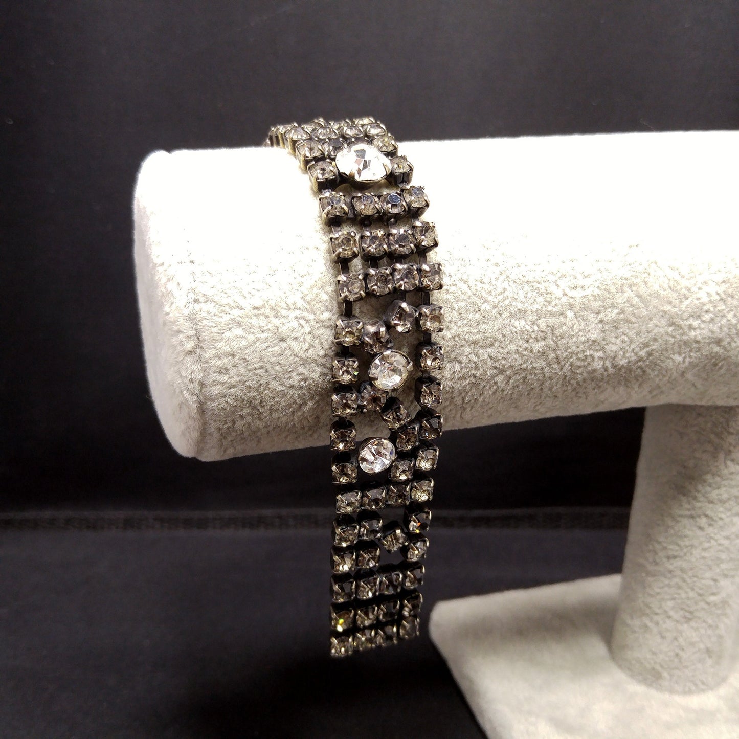 Vintage Kramer Black Clear Crystal Rhinestone Bracelet, Silver Plated, 1950s
