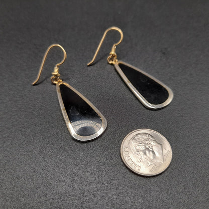 Vintage Laurel Burch Long Teardrop Black Enamel Earrings, Gold Plated 1980s