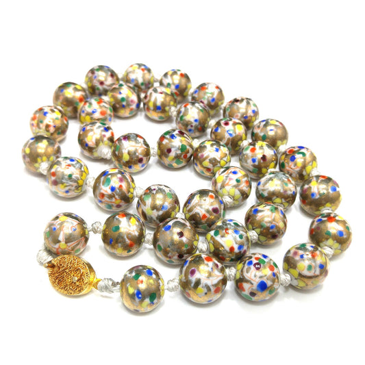 Vintage Chinese Hand Knotted Beaded Necklace, Hand Painted Floral Beads, 1940s Vintage Jewelry