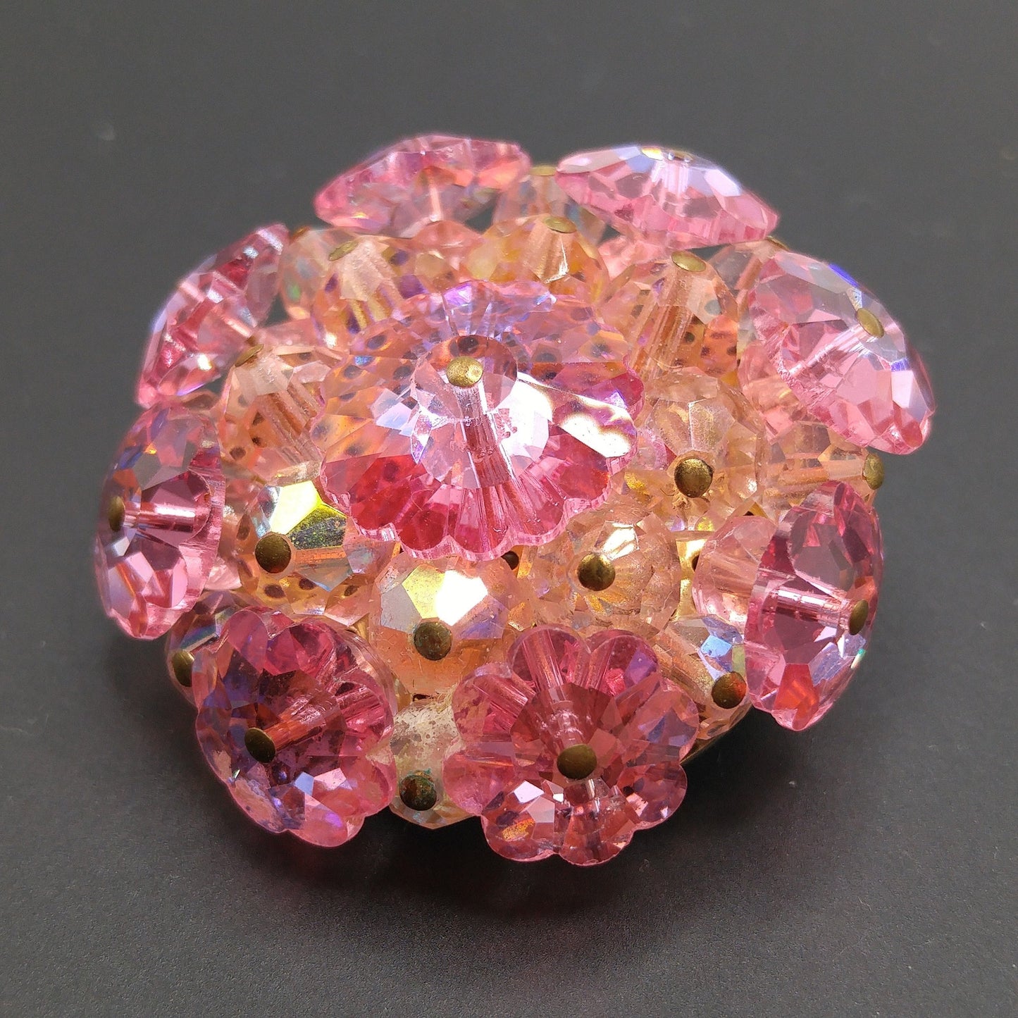 Pink Margarita Crystal Beaded Brooch, 1960s Vintage Jewelry