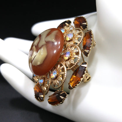 Judy Lee Lucite Flower Brooch, Aurora Borealis Rhinestones, 1960s Vintage Jewelry