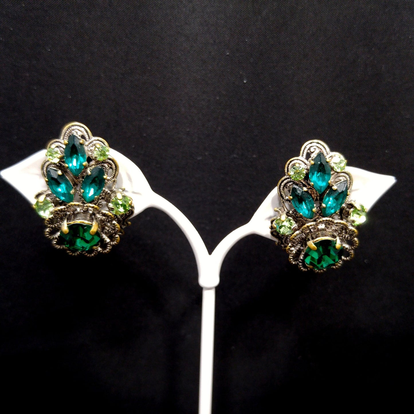 Western Germany Green Filigree Clip Earrings, Light Dark Green Rhinestones, 1950s Vintage Jewelry