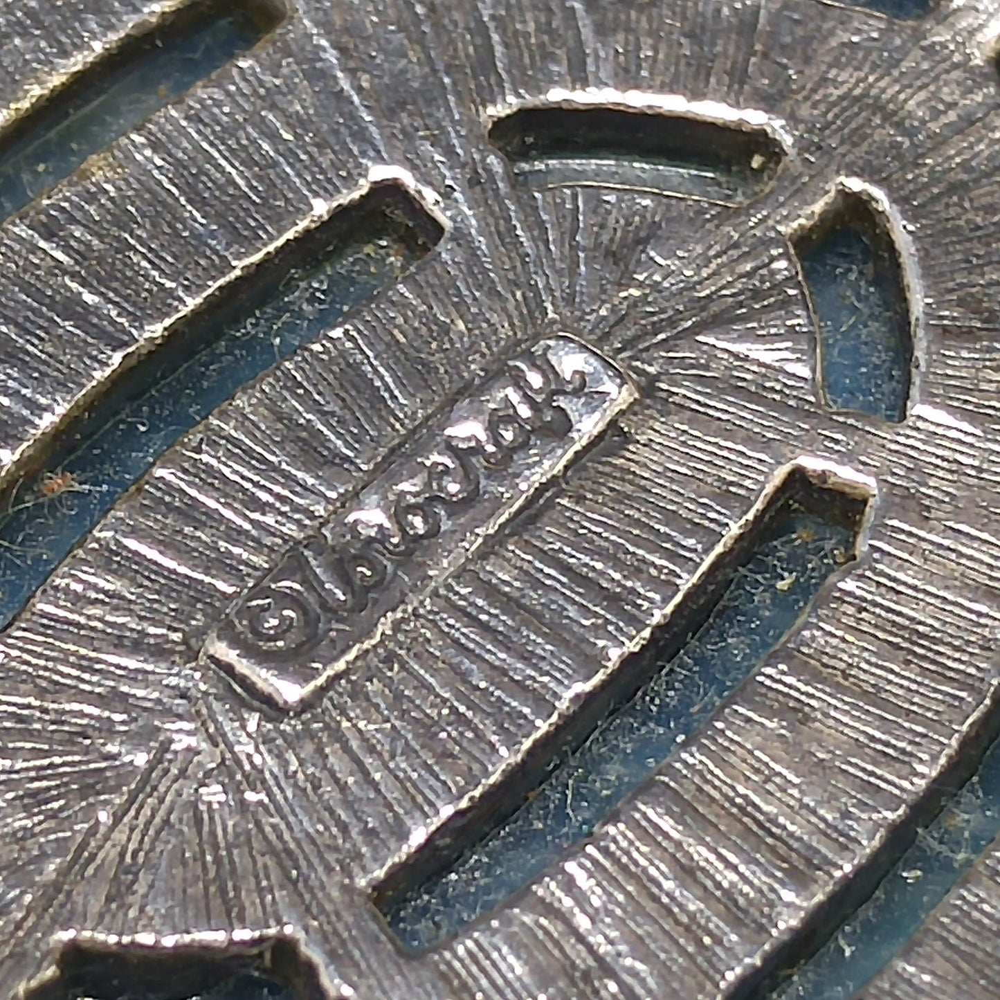Corocraft Blue Art Glass Brooch, Silver Etched Frame, 1940s Vintage Jewelry