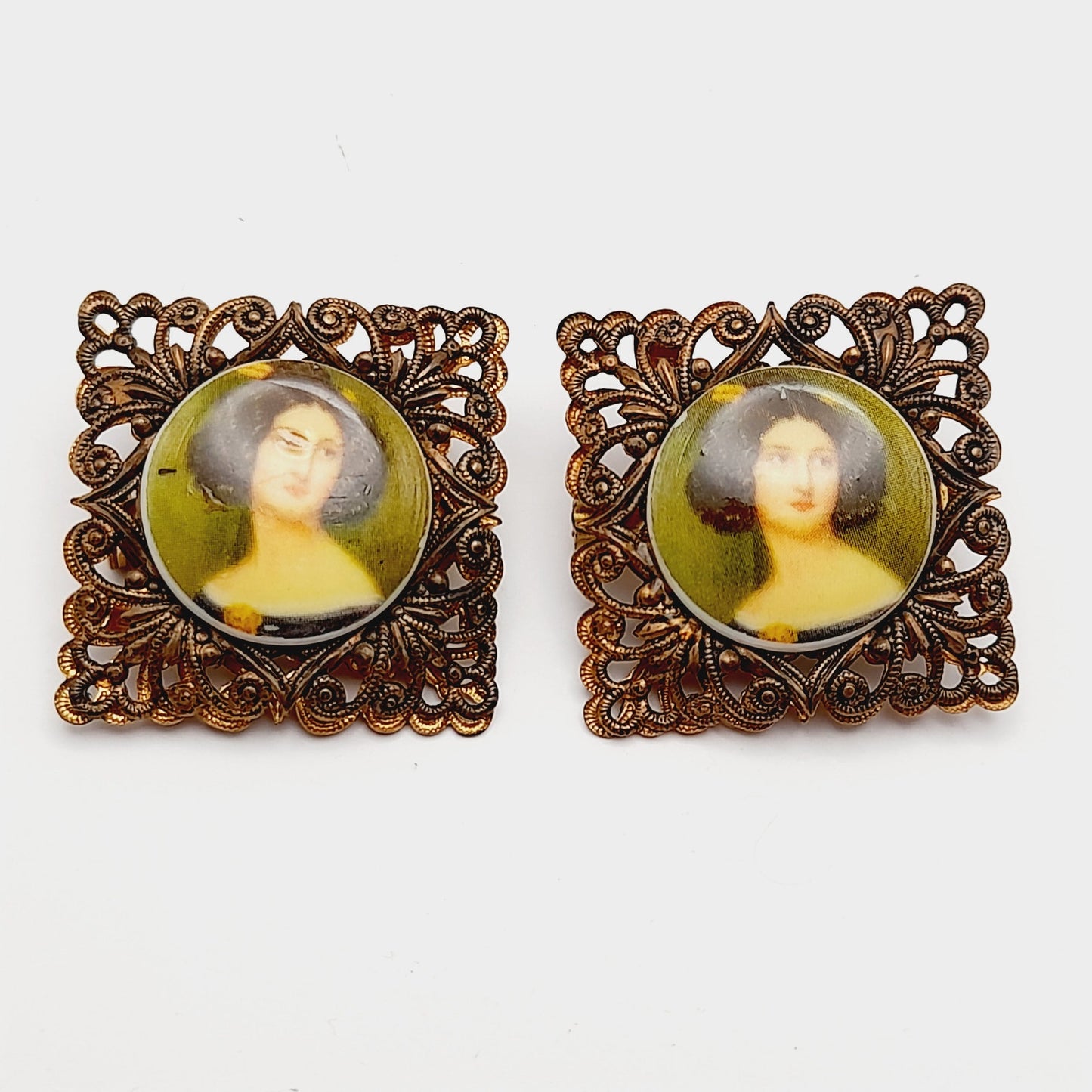West Germany Vintage Brooch Earrings Twin Pins Set, Portrait Transfer Glass Gold Tone