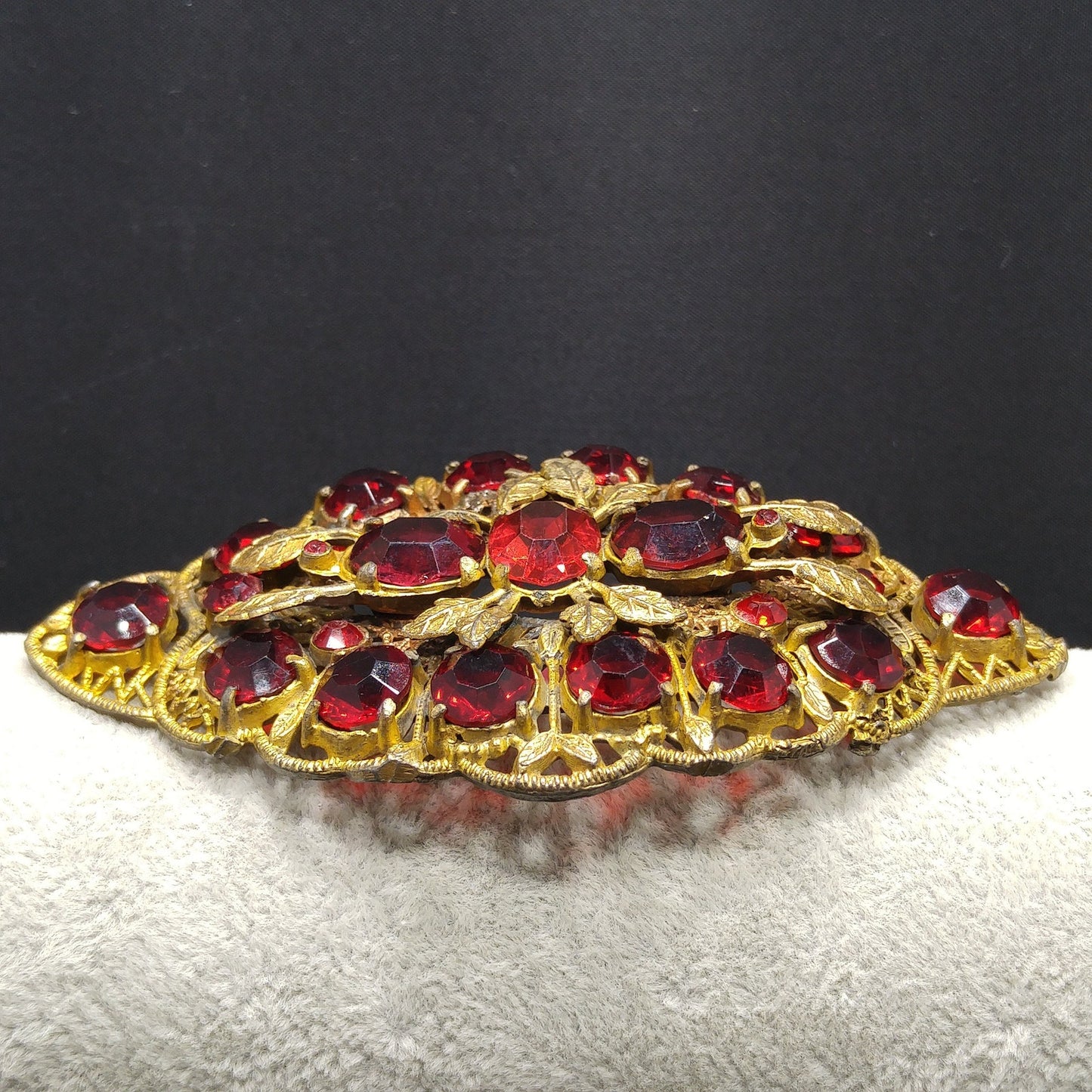 Antique Red Rhinestone Filigree Large Brooch, Wide Floral Sash Shoulder Pin, 1920s Vintage Jewelry