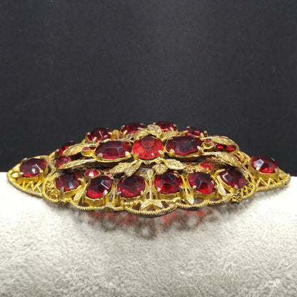 Antique Red Rhinestone Filigree Large Brooch, Wide Floral Sash Shoulder Pin, 1920s Vintage Jewelry