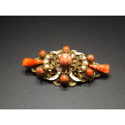 Germany Orange Art Glass Filigree Brooch, Faux Pearls, White Enamel, 1940s Vintage Jewelry