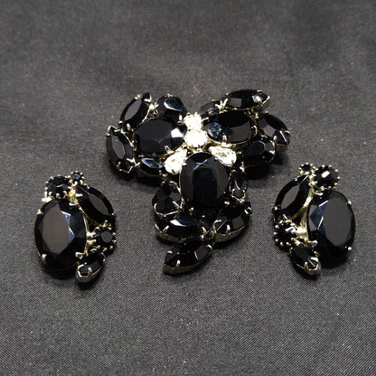 Vintage Weiss Black & Clear Rhinestone Brooch and Earrings Set, Rhodium Plated