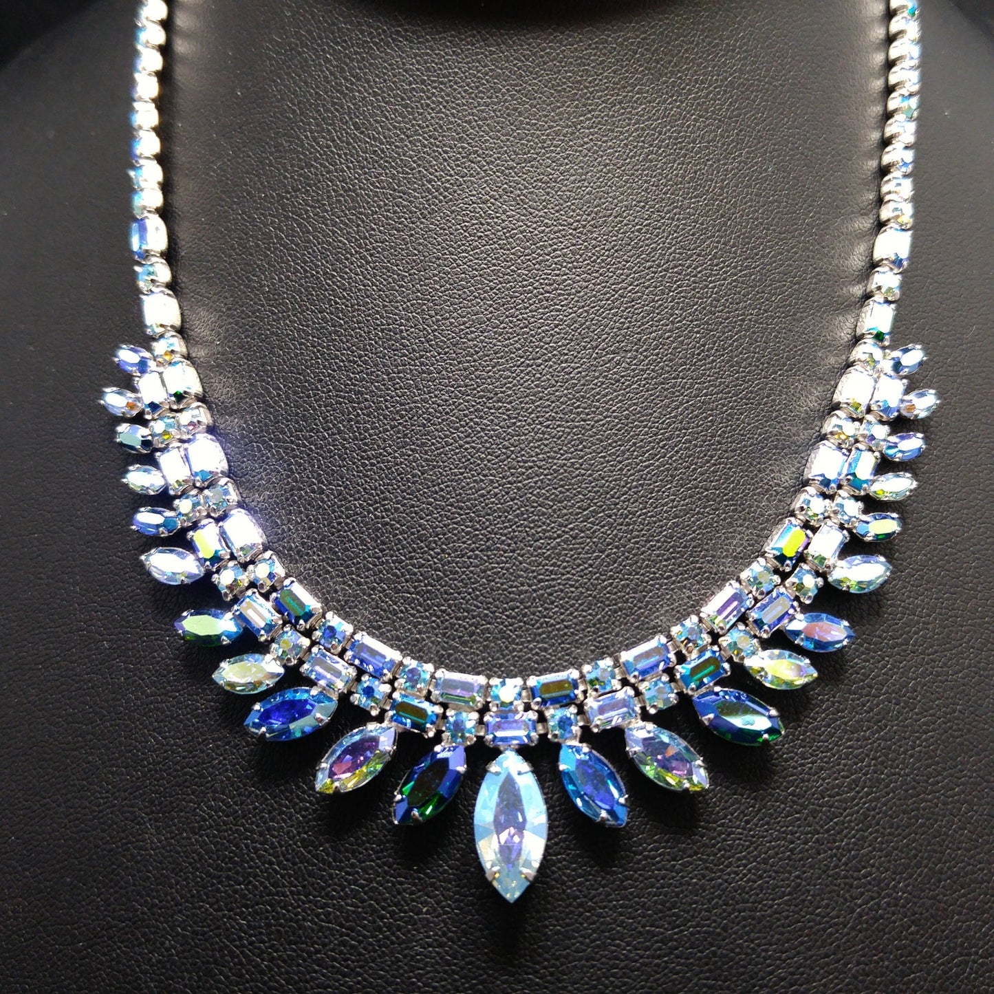 Sherman 1950s–60s Blue Aurora Borealis Rhinestone Necklace | Rhodium Plated Mid-Century Statement Collar