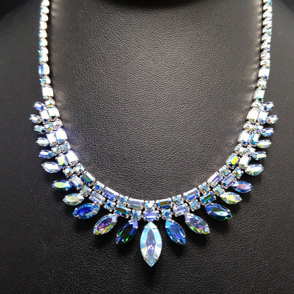 Sherman 1950s–60s Blue Aurora Borealis Rhinestone Necklace | Rhodium Plated Mid-Century Statement Collar
