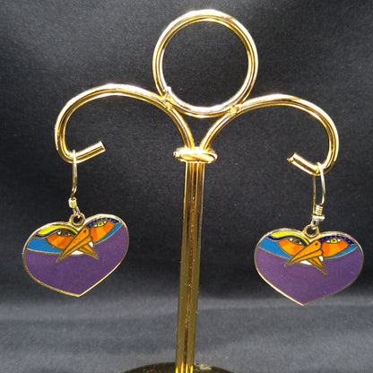Vintage Laurel Burch Purple Bird Heart Earrings, Gold Plated