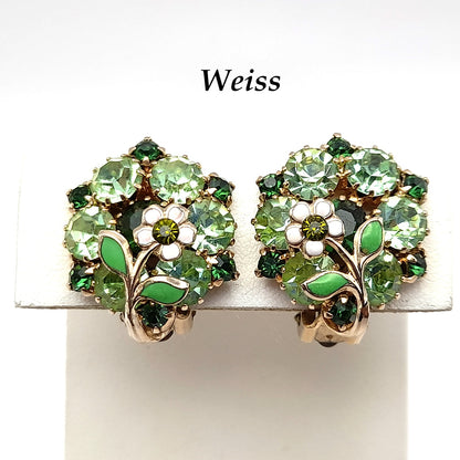 Vintage Weiss Green Rhinestones Floral Clip Earrings, 1960s