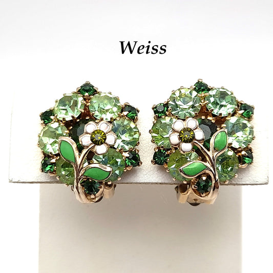 Vintage Weiss Green Rhinestones Floral Clip Earrings, 1960s