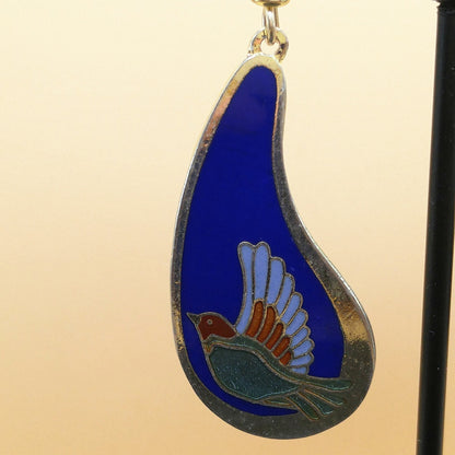 Vintage Laurel Burch Swallow Bird Blue Enamel Earrings, Gold Plated