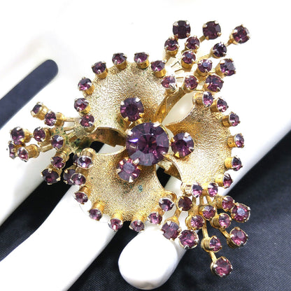 Purple Rhinestone Flower Brooch, Gold Plated, 1950s Vintage Jewelry