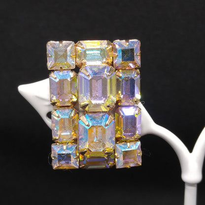 Weiss Aurora Borealis Emerald Cut Earrings, Gold Plating, 1960s Vintage Jewelry