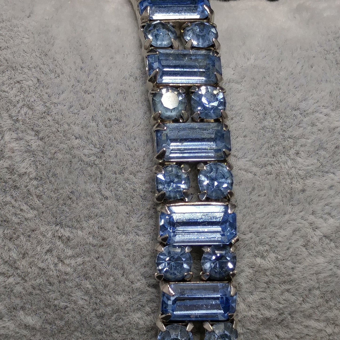 Weiss Baby Blue Rhinestone Cuff Bracelet – 1960s Baguette & Chaton Cut Rhodium Plated