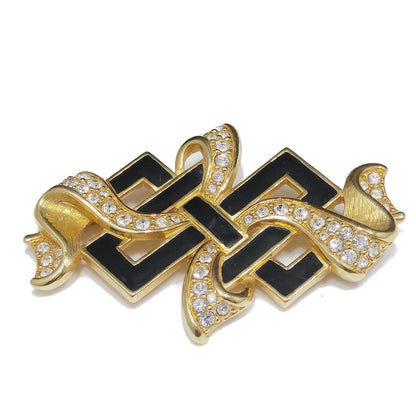 Vintage Swarovski Ribbon Brooch – Black Enamel & Clear Pavé Crystals, 1980s–1990s