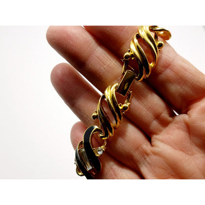 Vintage Crown Trifari Gold Plated Black Enamel Bracelet, Clear Rhinestones, 1960