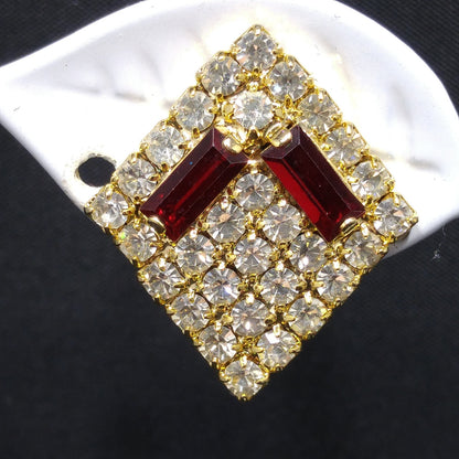 Hobe' Designer Red Clear Rhinestone Clip Earrings, Gold Plated, 1960s Vintage Jewelry