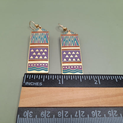 Vintage Laurel Burch "Umbla" Geometric Earrings, 2 3/8 Inch, Gold Plated, 1980s