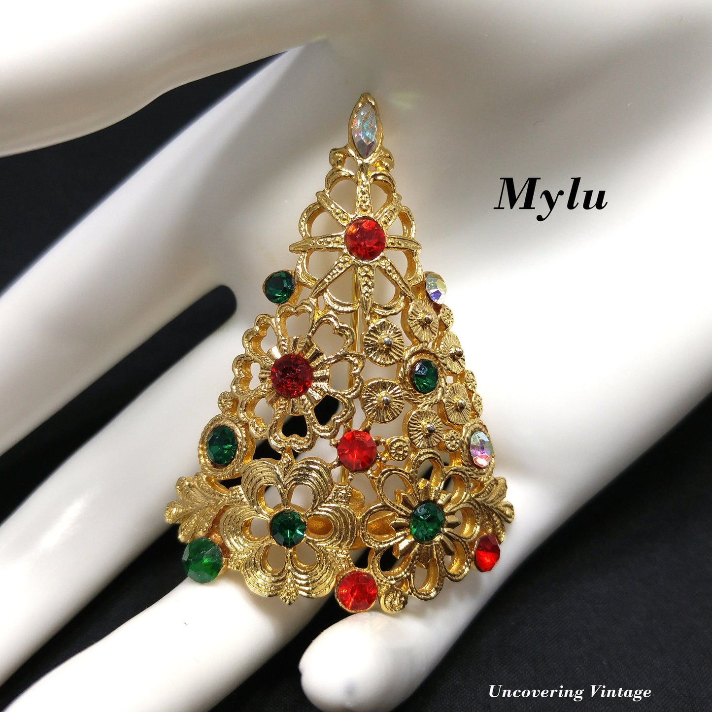 Mylu Christmas Tree Brooch, Gold Plated Floral Rhinestone Pin, 1960s Vintage Holiday Jewelry