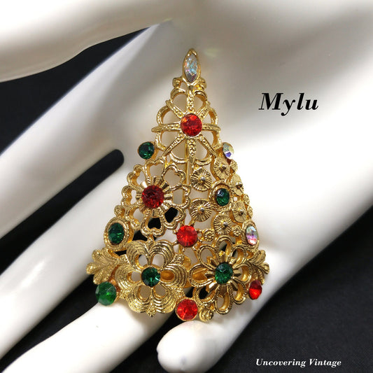 Mylu Christmas Tree Brooch, Gold Plated Floral Rhinestone Pin, 1960s Vintage Holiday Jewelry