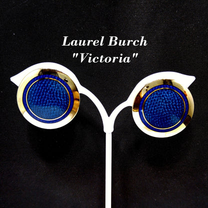 Laurel Burch "Victoria" Clip Earrings, Blue Enamel, Gold Plated, 1980s Vintage