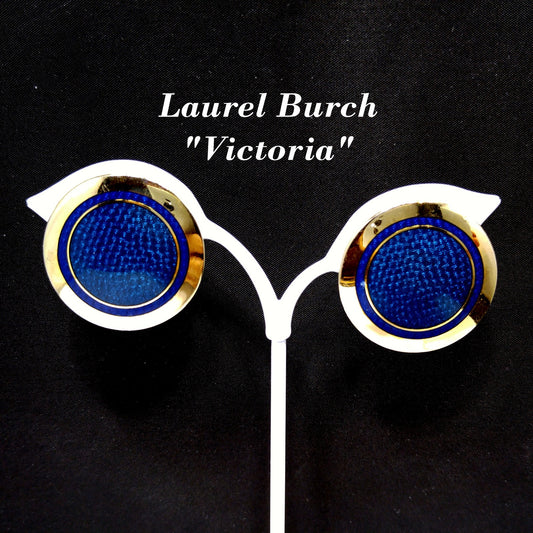 Laurel Burch "Victoria" Clip Earrings, Blue Enamel, Gold Plated, 1980s Vintage
