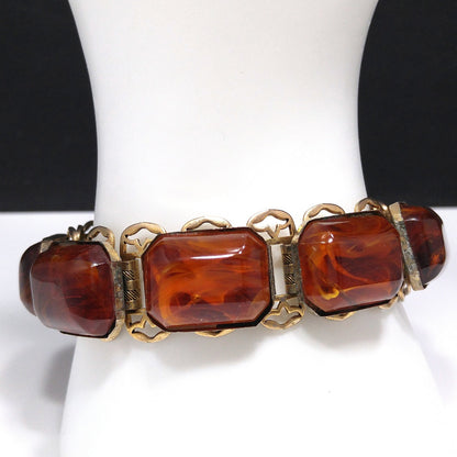 Book Chain Brown Art Glass Bracelet, Victorian Revival, Gold Plated, 1950s Vintage Jewelry
