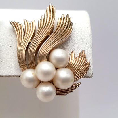 Vintage Crown Trifari Faux Pearl Clip Earrings – Gold Tone Designer Jewelry