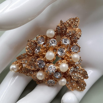 Vintage Hattie Carnegie Brooch, Faux Pearls, Pave Larger Rhinestones, Gold Plated, 1950s