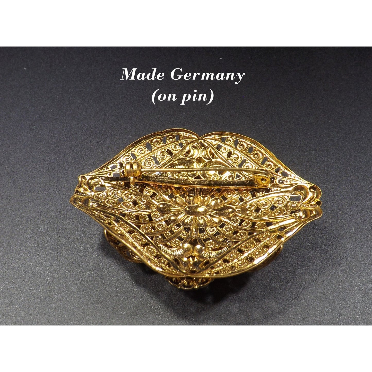 Made Germany Large Red Rhinestone Filigree Brooch, Faux Pearls, 1940s Vintage Jewelry