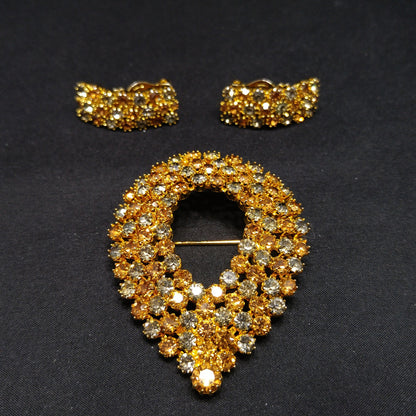 Kramer Vintage Rhinestone Brooch & Clip Earrings Set Topaz Gray Gold Plate 1960s