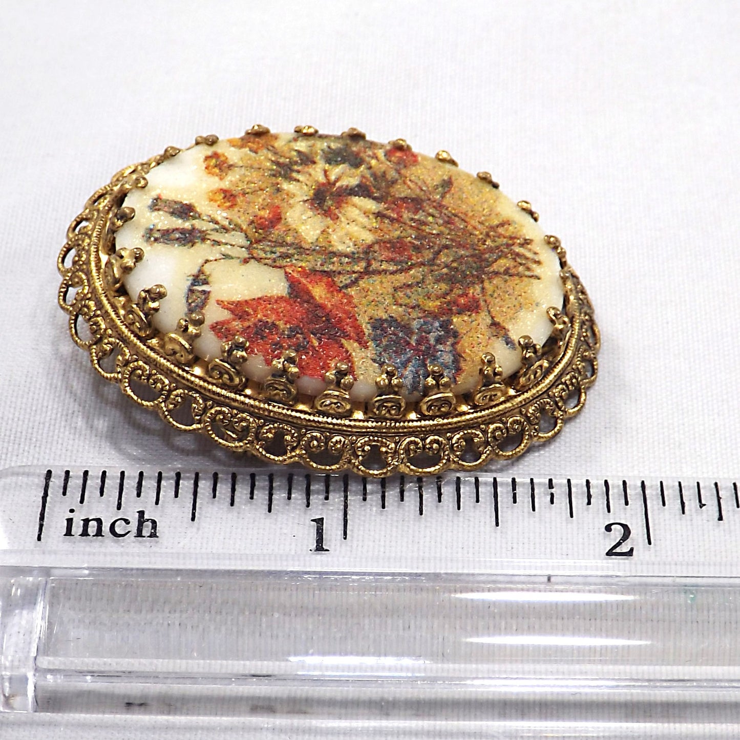 West Germany Sugar Glass Floral Brooch, Filigree Back, 1960s Vintage Jewelry