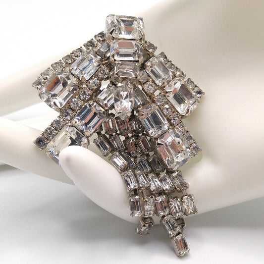 Unsigned Kramer Dragonfly Brooch, Clear Rhinestones, Rhodium Plated, 1960s Vintage Jewelry