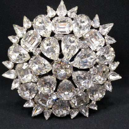 Weiss 1950s Large Clear Rhinestone Floral Brooch | Rhodium Plated Statement Pin | Vintage Mid-Century Jewelry