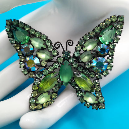 Vintage Weiss Butterfly Brooch, Green Aurora Borealis Rhinestones, Japanned Finish, 1950s Jewelry