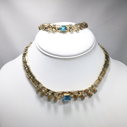 Vintage Gold Tone Chain Rhinestone Necklace & Bracelet Set, Sky Blue