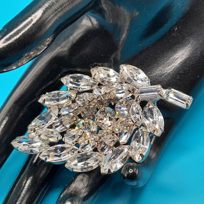 Vintage Weiss Floral Brooch, Rhodium Plated, Clear Rhinestones, 1960s Jewelry