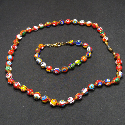 Murano Millefiori Beaded Necklace Bracelet Set, Hand Blown Glass, Hand Knotted in Red, 1950s Vintage Jewelry