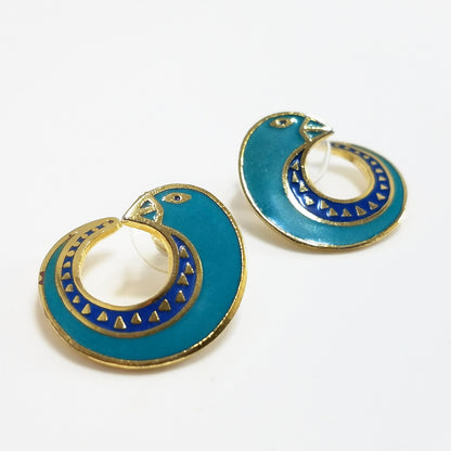 Vintage Laurel Burch "Celine" Bird Earrings, Gold Plated Cloisonne &Enamel, 1980