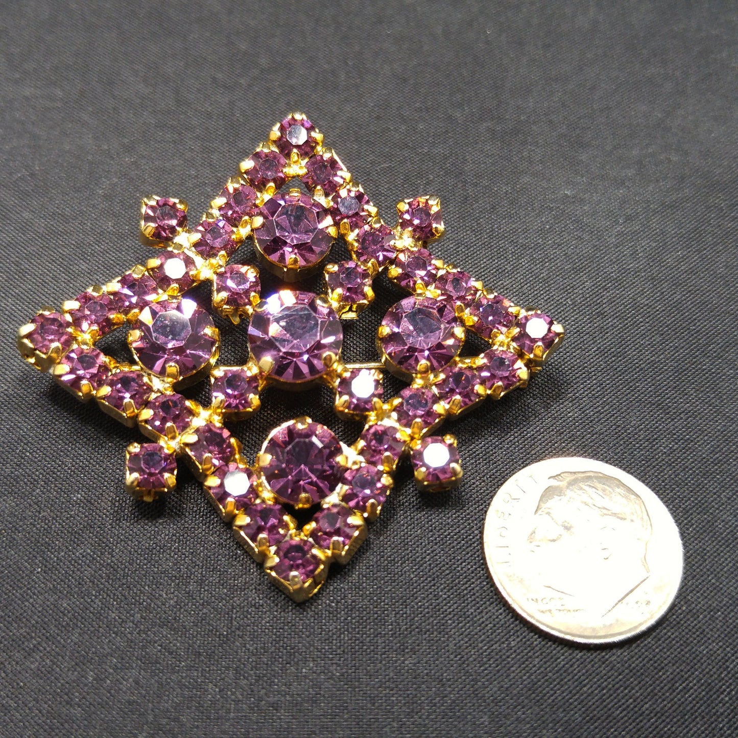 Kramer of New York Purple Rhinestone Brooch, Gold Plated, 1960s Vintage Jewelry